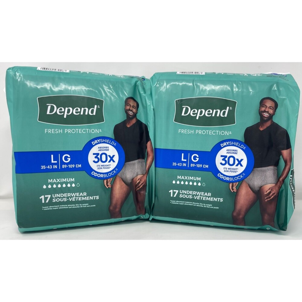 Depend Fresh Protection Disposable Underwear Gray MEN'S Large 17x2= 34 Pairs